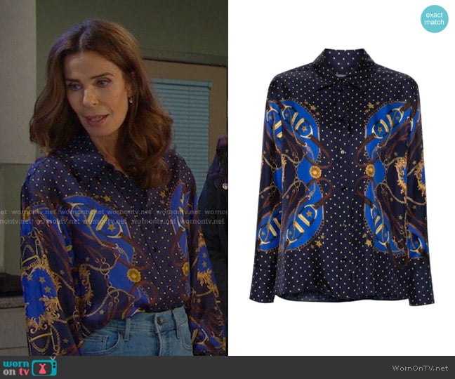 Sandro Patterned Silk Shirt in Blue worn by Hope Williams (Kristian Alfonso) on Days of our Lives