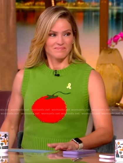 Sara’s tomato knit vest and floral skirt on The View