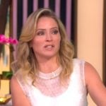 Sara’s sheer sleeveless top and stripe pants on The View