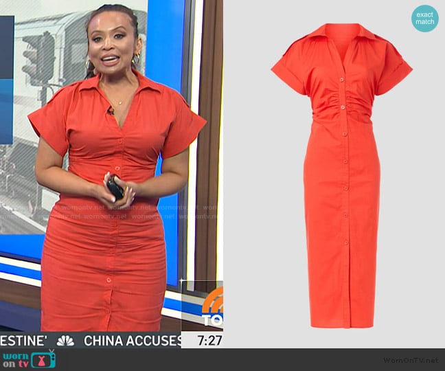 Saunders Collective Ruched Shirt Dress in Red worn by Adelle Caballero on Today