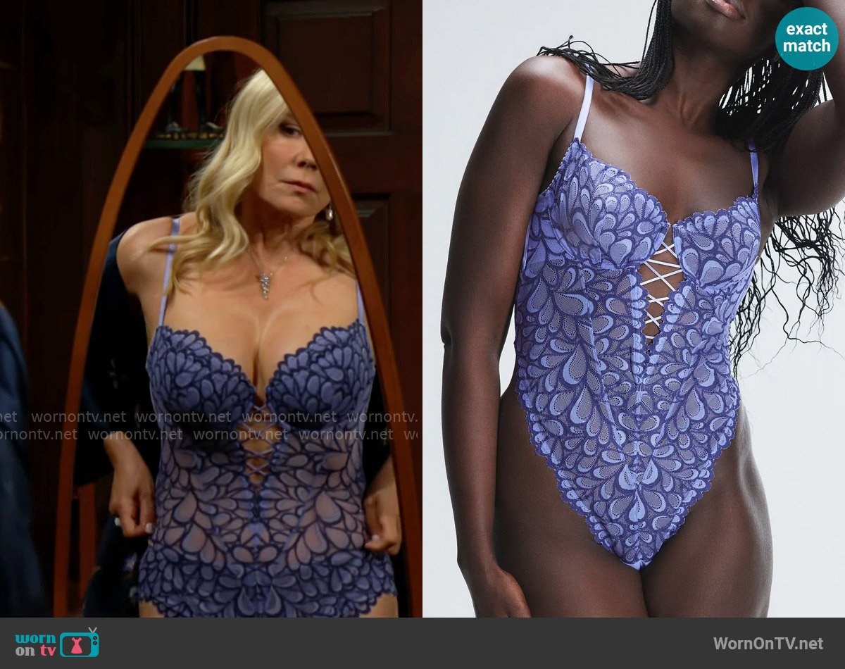 Savage x Fenty Savage Not Sorry Sheer Lace Teddy worn by Brooke Logan (Katherine Kelly Lang) on The Bold and the Beautiful