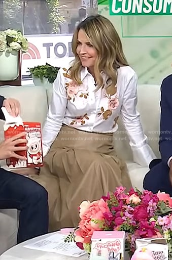 Savannah's floral embroidered shirt and beige leather skirt on Today