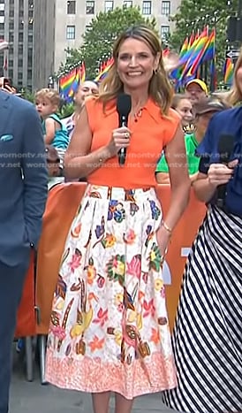 Savannah’s orange polo and floral print skirt on Today