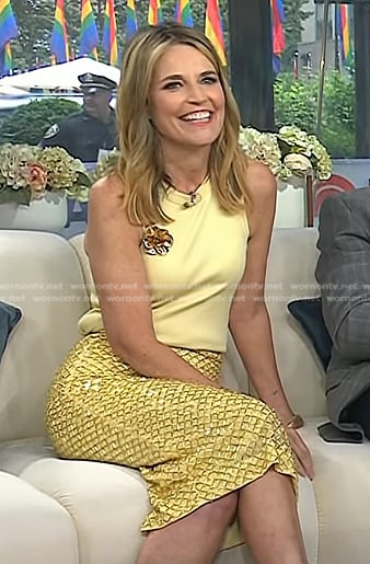 Savannah’s yellow sleeveless top and metallic embellished skirt on Today