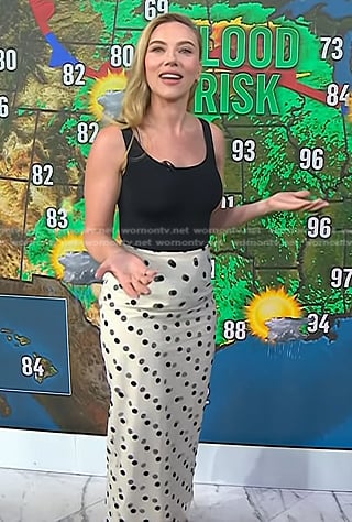 Scarlett Johansson’s polka dot skirt ans slingback pumps on Today