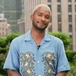 Scott’s blue floral print shirt on Access Hollywood
