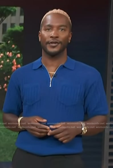 Scott’s blue knit polo shirt on Access Hollywood