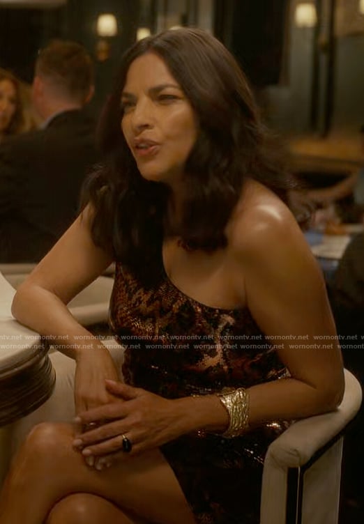 Seema's metallic snakeskin print mini dress on And Just Like That
