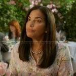 Seema’s pink floral print blouse on And Just Like That