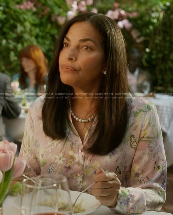 Seema's pink floral print blouse on And Just Like That