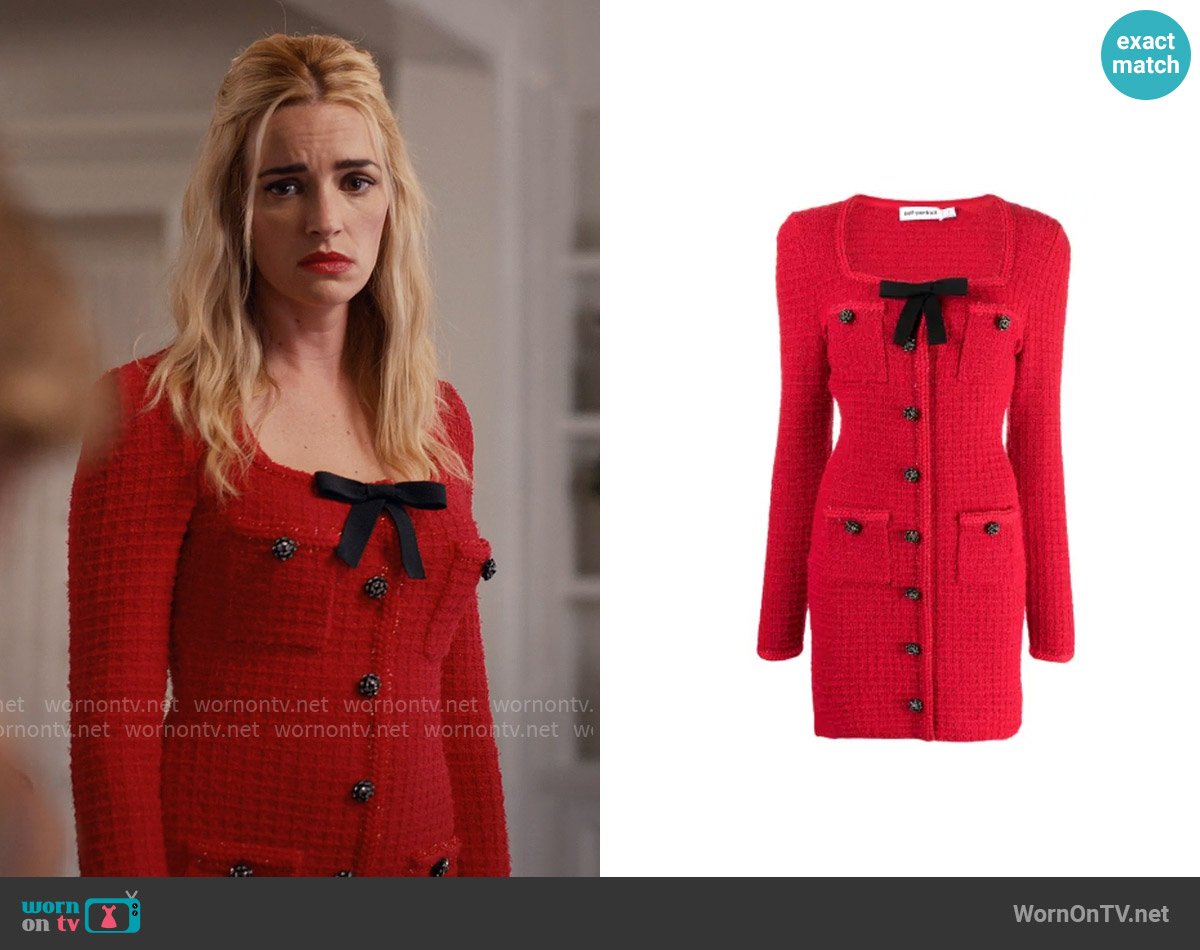 Self Portrait bow-detailed knit dress worn by Georgia Miller (Brianne Howey) on Ginny & Georgia