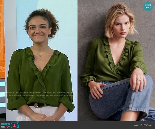 Sezane Rosine Shirt in Olive Green worn by Laurie Hernandez on Today