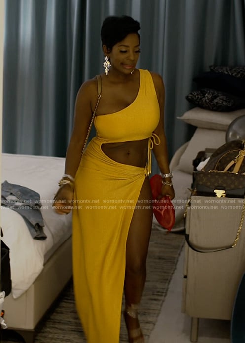 Shamea’s yellow cutout one shoulder maxi dress on The Real Housewives of Atlanta