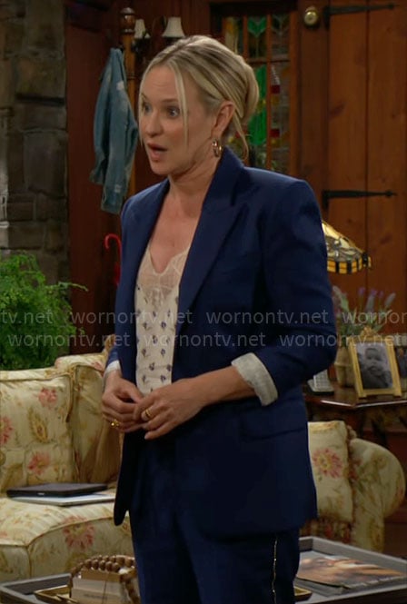 Sharon’s blue suit and floral cami on The Young and the Restless