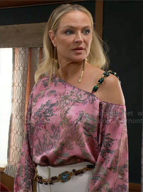 Sharon's pink printed asymmetric shoulder top on The Young and the Restless