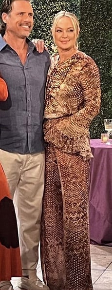 Sharon's snake print blouse and pants set on The Young and the Restless