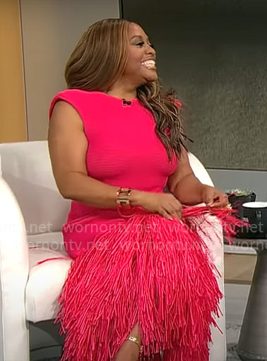 Sherri Shepherd's pink fringed midi dress on CBS Mornings