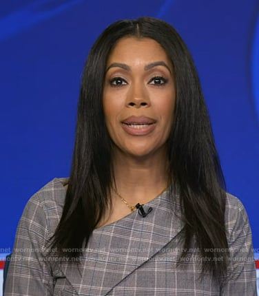 Shirleen's grey plaid asymmetric dress on Good Morning America