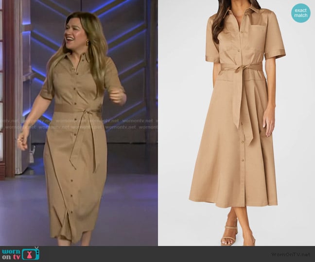 Shoshanna Keri Tie-Belt Stretch Cotton Midi Shirtdress worn by Kelly Clarkson on The Kelly Clarkson Show