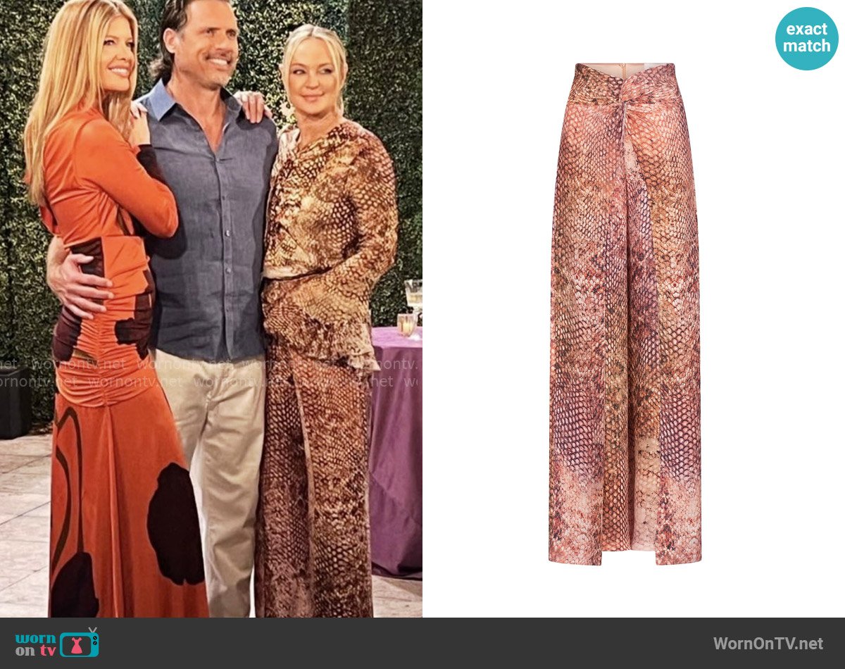 Silvia Tcherassi Canturipe Snake Print Satin Twist-Front Wide-Leg Pants worn by Sharon Newman (Sharon Case) on The Young and the Restless