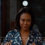 Simone’s blue printed shirtdress on Ginny & Georgia
