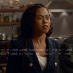 Simone’s navy blazer with gold buttons on Ginny & Georgia