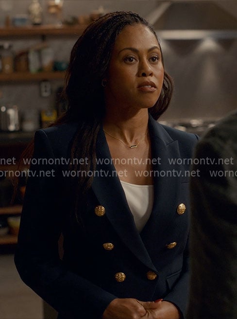 Simone's navy blazer with gold buttons on Ginny & Georgia