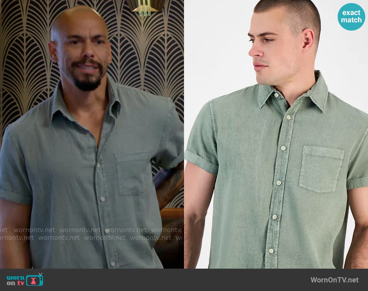 Sun + Stone Blake Linen Chambray Short Sleeve Button-Front Shirt in Vintage Sage worn by Devon Hamilton (Bryton James) on The Young and the Restless