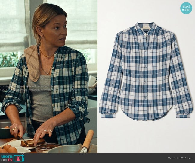 Suzie Kondi Koubi Checked Cotton-gauze Shirt in Navy worn by Nicky Macintosh (Elizabeth Banks) on The Better Sister