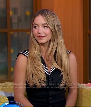 Sydney Sweeney’s black stripe collar top and skirt on Good Morning America
