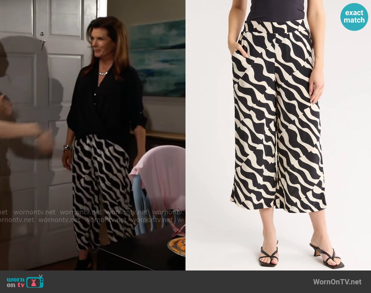 T Tahari Ankle Crop Wide Leg Palazzo Pants in Black / Ivory Abstract worn by Sheila Carter (Kimberlin Brown) on The Bold and the Beautiful