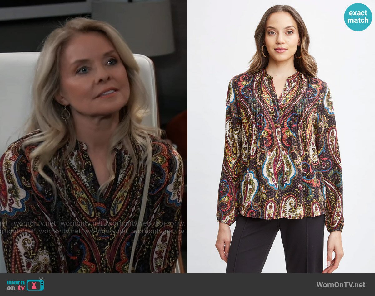 T Tahari Paisley Split Neck Shirt worn by Felicia Scorpio (Kristina Wagner) on General Hospital