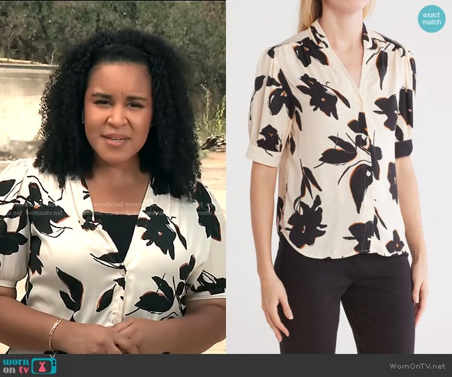T Tahari Short Sleeve Airflow Blouse in Magnified Painted Floral worn by Elise Preston on CBS Evening News