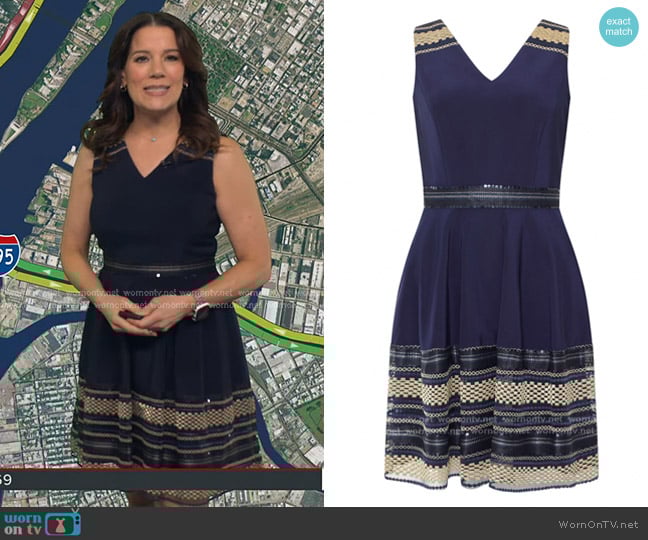 Tahari Navy and Gold Embellished Dress worn by Heather O’Rourke on Good Morning America