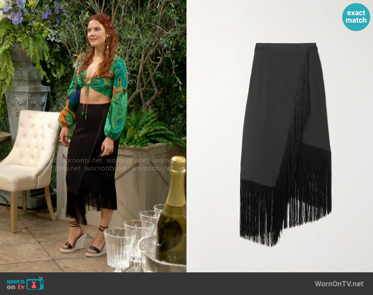 Taller Marmo Bossa Nova wrap-effect fringed crepe skirt worn by Sally Spectra (Courtney Hope) on The Young and the Restless