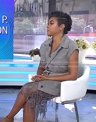 Taraji P. Henson’s grey flap pocket vest and fringe dress on Today