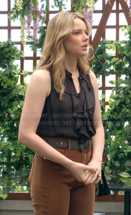 Tessa’s pinstripe ruffled shirt on The Young and the Restless