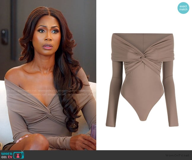 The Andamane Kendall off-shoulder gathered bodysuit worn by Kiki Barth (Kiki Barth) on The Real Housewives of Miami