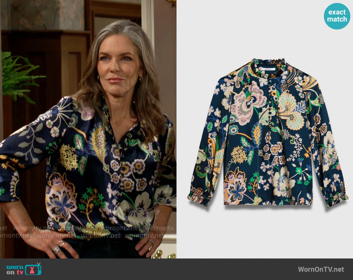 The Fold London Tierney Blouse Navy Silk Satin Made With Liberty Fabric worn by Diane Jenkins (Susan Walters) on The Young and the Restless