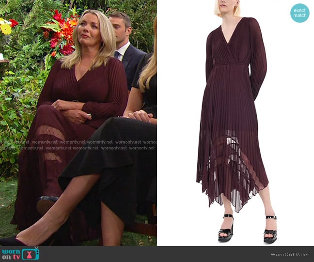 The Kooples Pleated Asymmetric Midi Dress worn by Carrie Brady (hristie Clark) on Days of our Lives