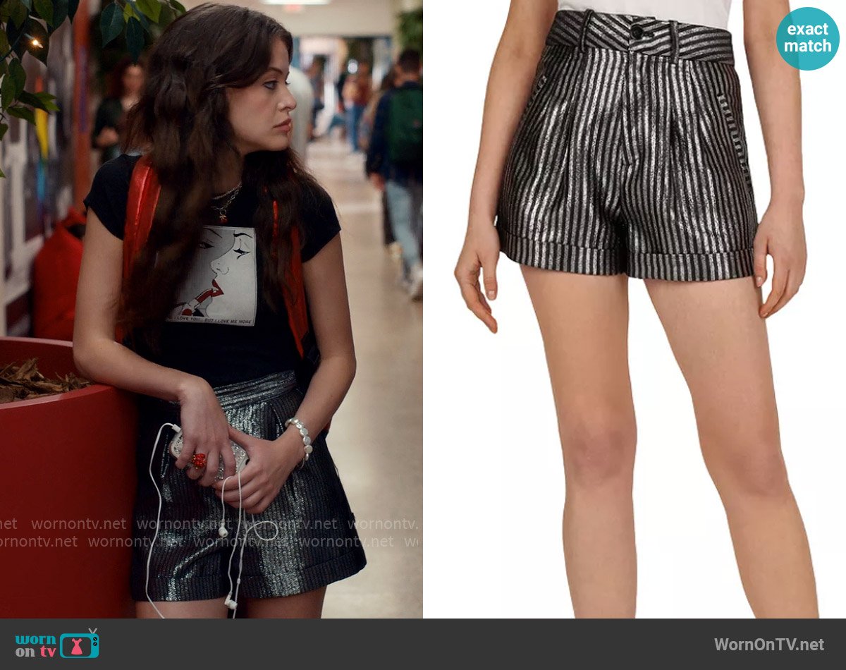 The Kooples Dress Up Metallic Striped Shorts worn by Maxine Baker (Sara Waisglass) on Ginny & Georgia