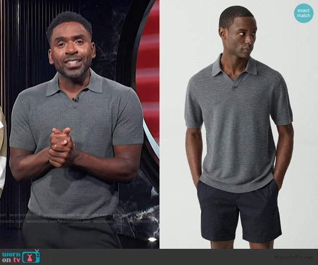 Theory Brenan Polo Shirt in Pacific Linen worn by Justin Sylvester on E! News