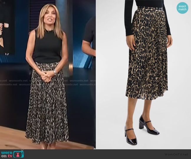 Theory Pleated Leopard-Print Midi Skirt worn by Kit Hoover on Access Hollywood