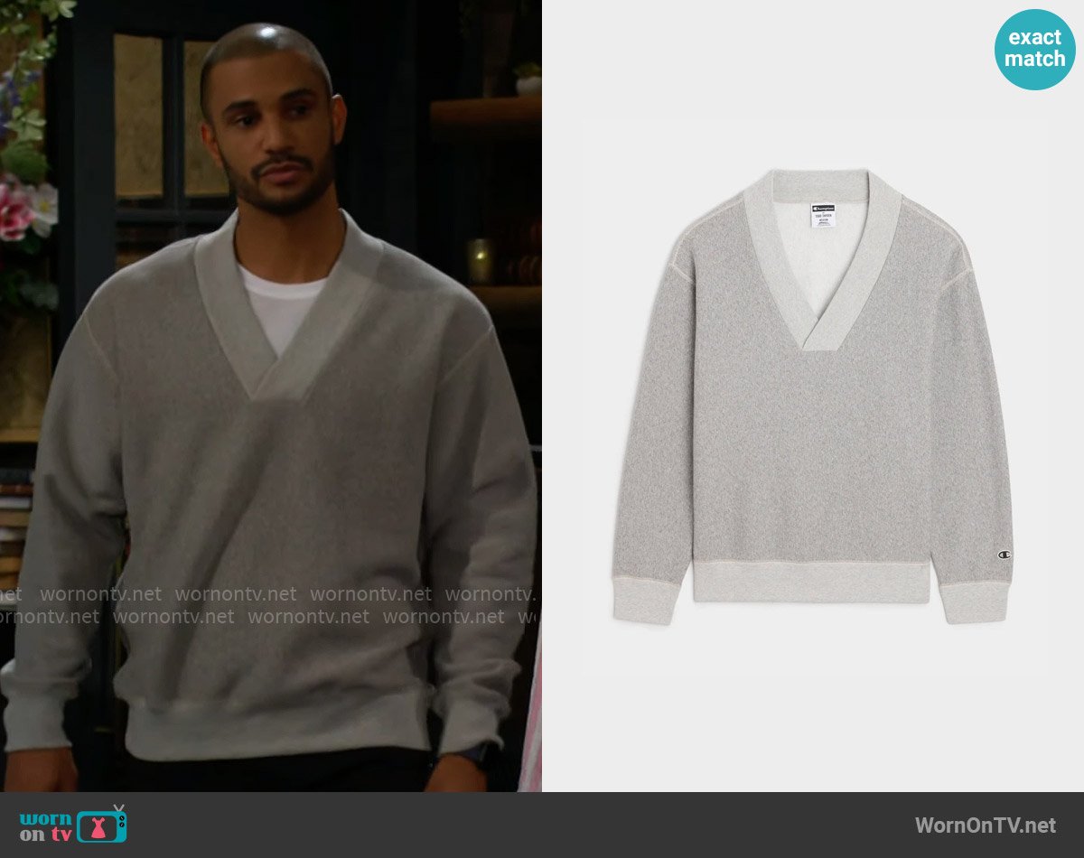 Todd Snyder Champion Relaxed Fleece V-Neck Sweatshirt worn by Holden Novak (Nathan Owens) on The Young and the Restless