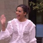 Antonia Gentry’s white ruffled blouse on Live with Kelly and Mark