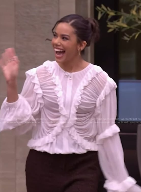 Antonia Gentry's white ruffled blouse on Live with Kelly and Mark