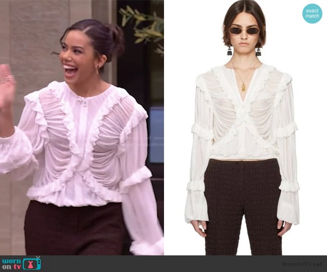 Tory Burch White Jersey Ruffle Blouse worn by Antonia Gentry on Live with Kelly and Mark
