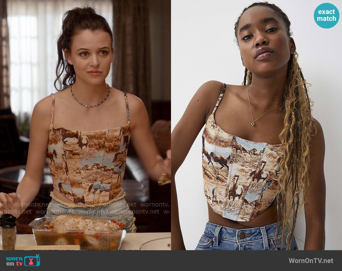Twik at Simons Horses Tapestry Bustier Top worn by Maxine Baker (Sara Waisglass) on Ginny & Georgia