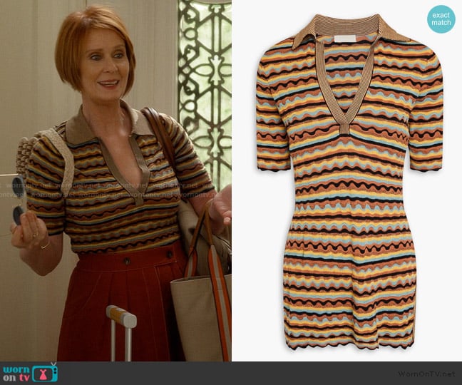 Ulla Johnson Felix metallic crochet-knit silk-blend polo top worn by Miranda Hobbs (Cynthia Nixon) on And Just Like That