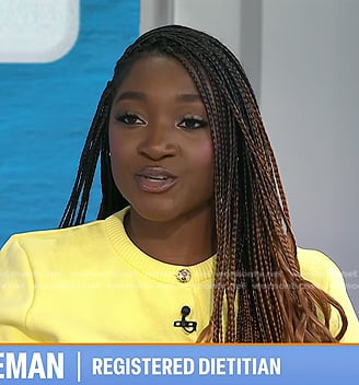 Valerie Agyeman’s yellow short sleeve cardigan and skirt on Today
